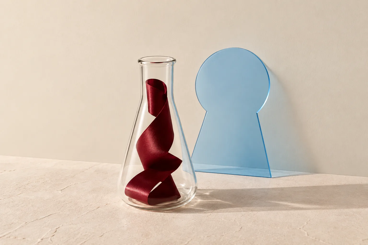 Erlenmeyer de vidro com fita vermelha e fechadura azul em acrílico sobre fundo claro